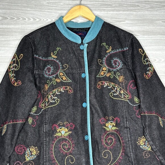 Vintage Denim & Co Denim Long Sleeve Button Up Jacket Size M Black Embroidered - Picture 3 of 15